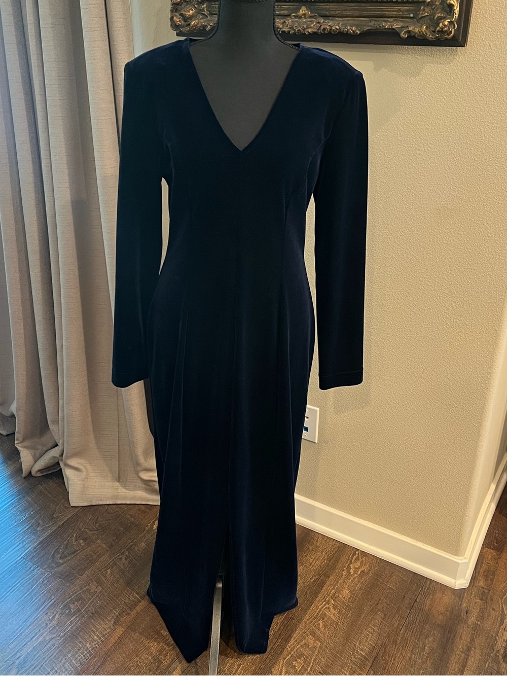 Vintage Jessica Howard Navy Velvet Long Sleeve V-Neck Gown with Front Slit EUC - Picture 1 of 5